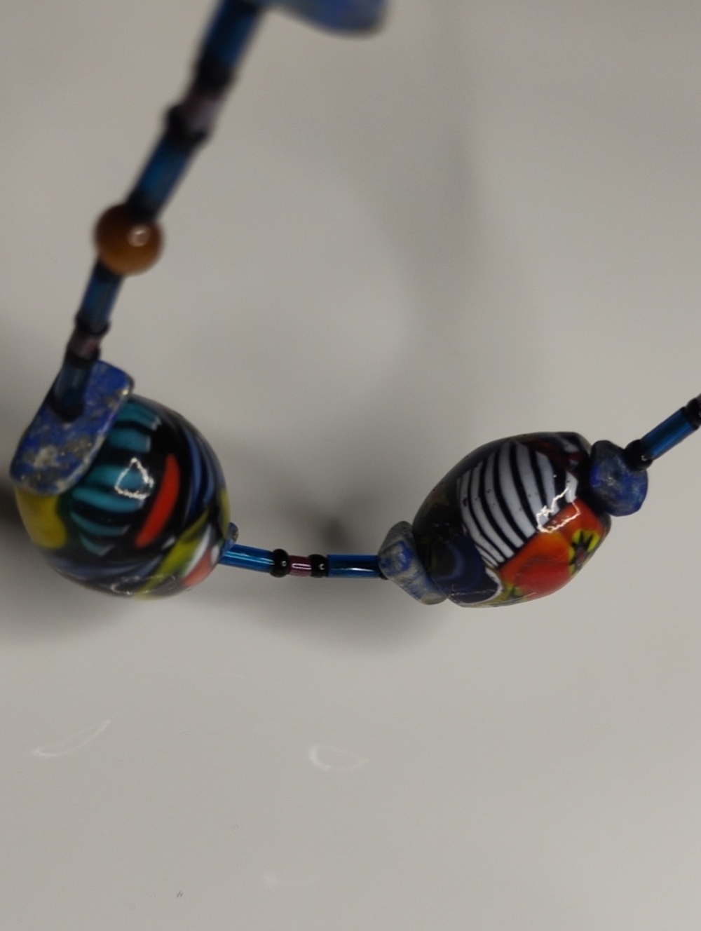 Handmade Multicolor Polished  Glass Bead Necklace - Blue Accent Dainty Style